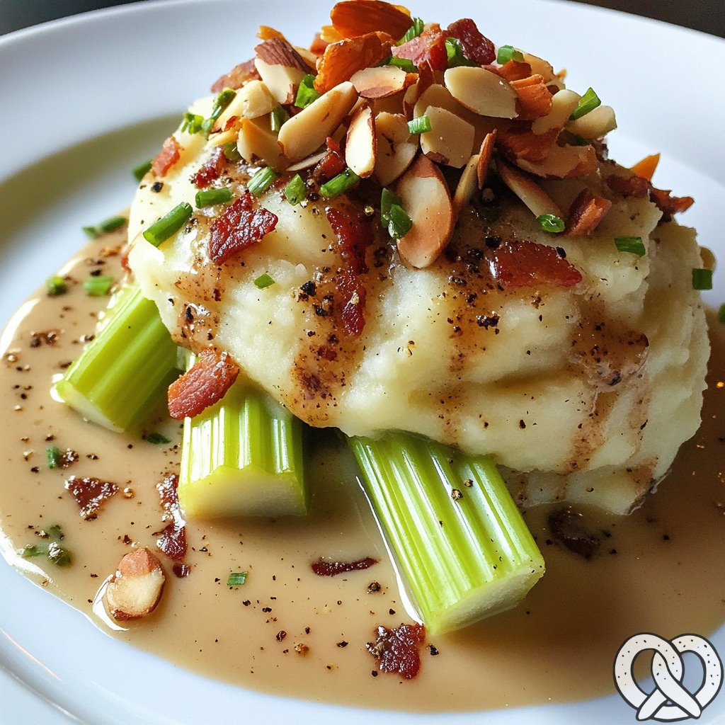 Céleri Frit avec Sauce Bacon aux Amandes et Purée de Panais et Pommes de Terre