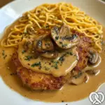 Escalope à la crème de paprika et de champignons avec nouilles de pommes de terre sautées